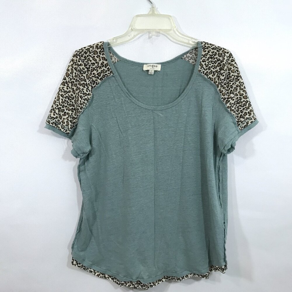 Umgee Linen Blend Scoop Neck Casual Top Leopard Print Sleeves Green L - Picture 2 of 6
